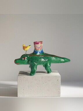 Vintage Alligator Figurine with Yellow Bird Mexico Folk Art Candlestick